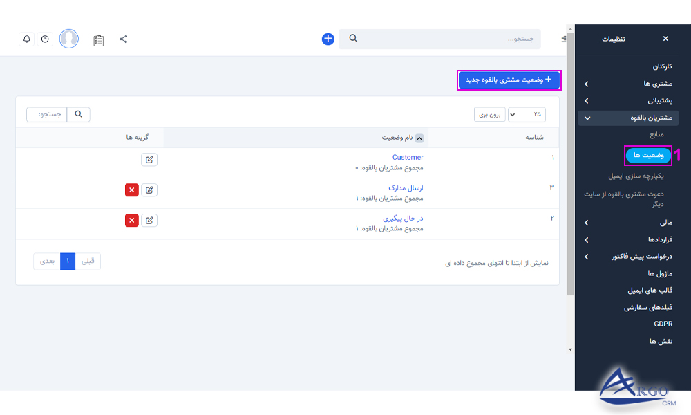 ایجاد وضعیت مشتریان بالقوه در آؤگو سی آر ام